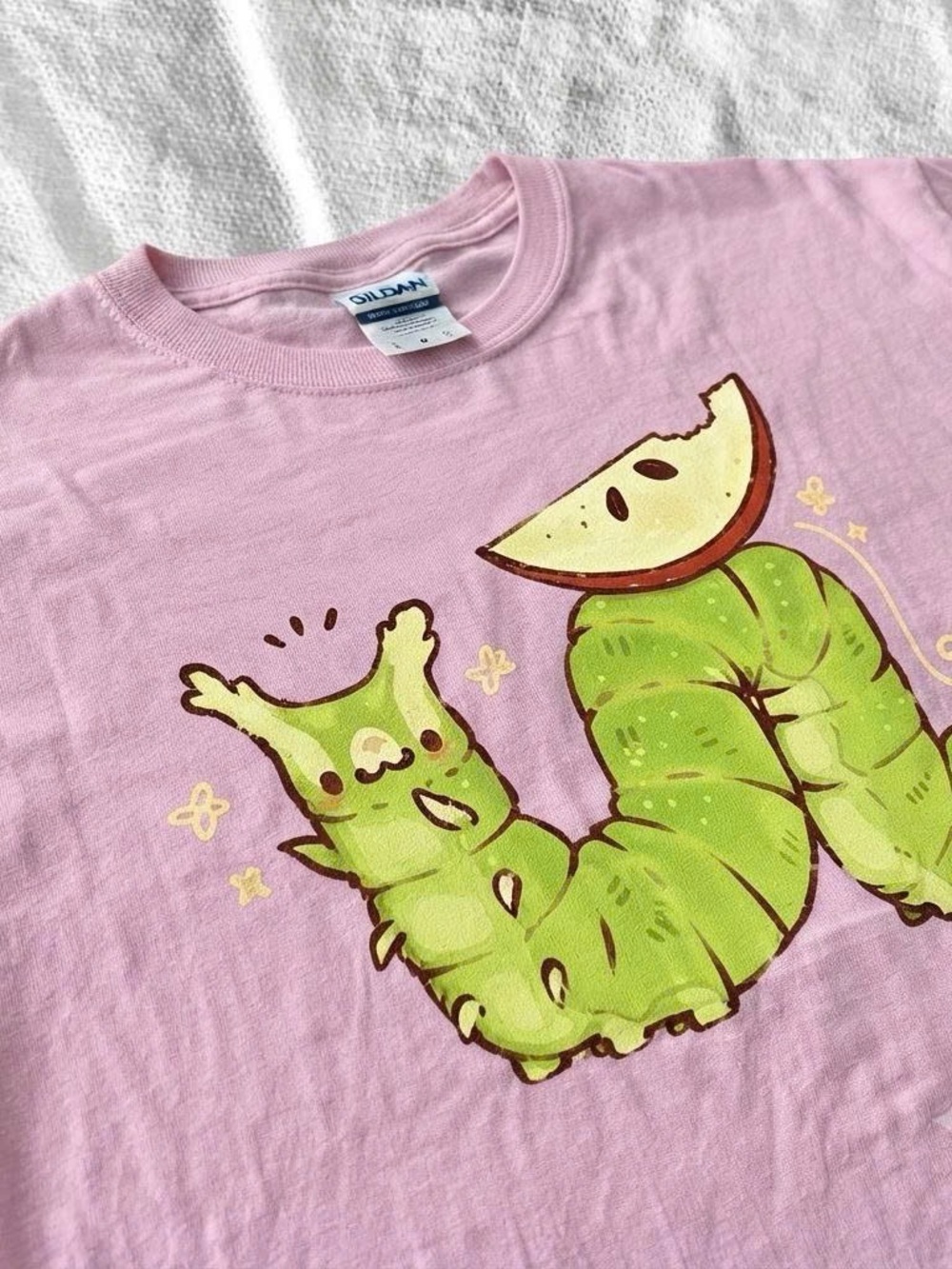 Playful Green Caterpillar and Applee Graphic Gildan Tshirt - Picture 2 of 2